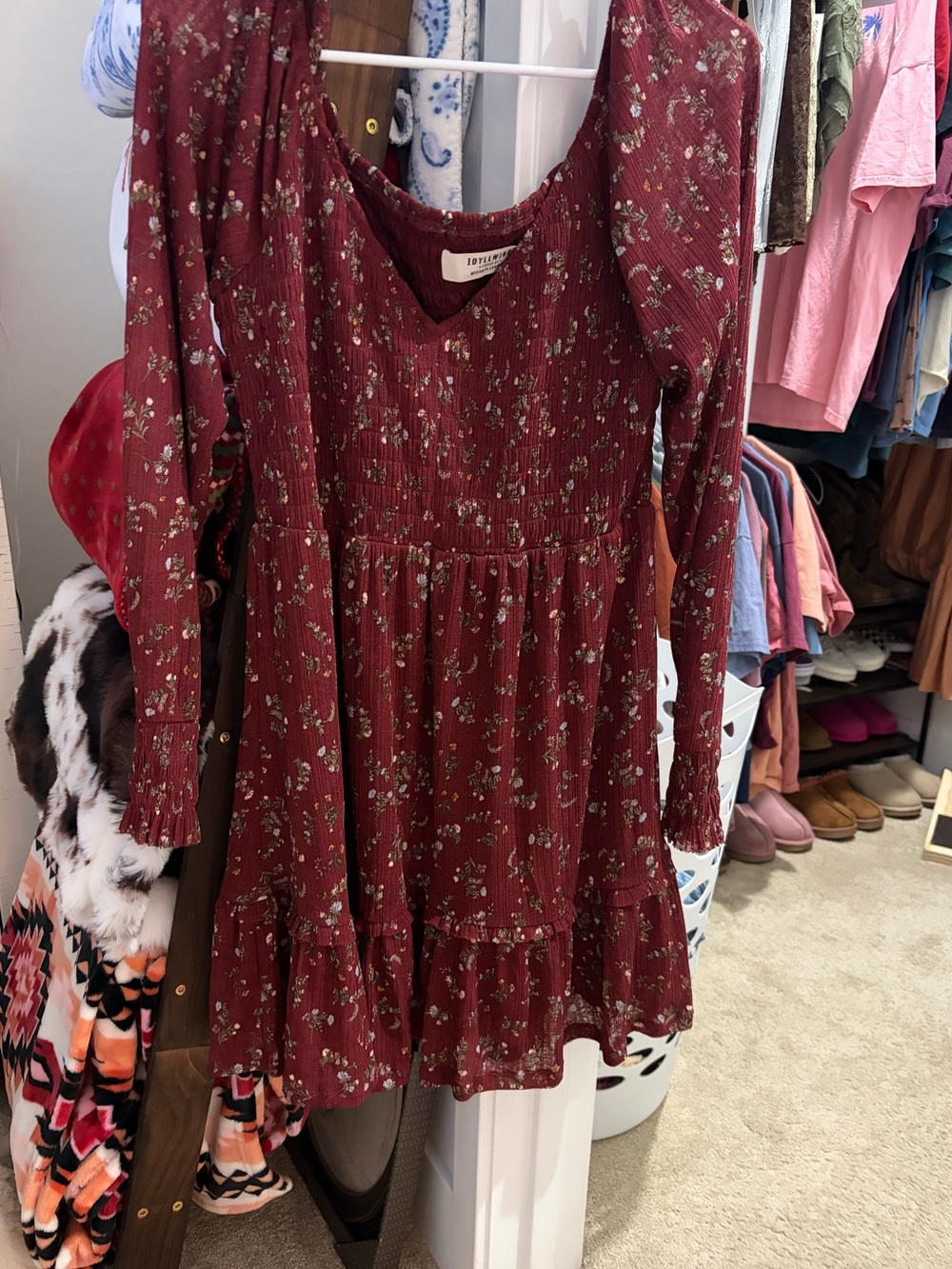 Boot Barn Idyllwind Burgundy Floral Long-Sleeve Smocked Dress